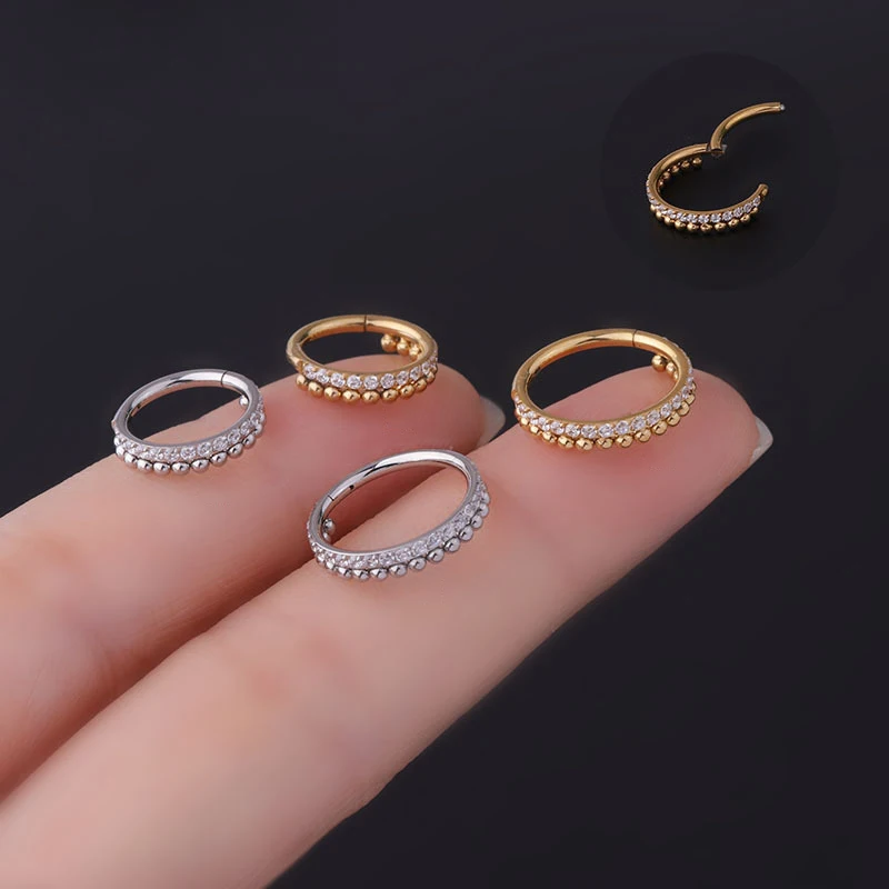 316L Stainless Steel Clip On Nose Piercing Jewelry Segment Nose Ring Zircon Beads Septum Ring For Women