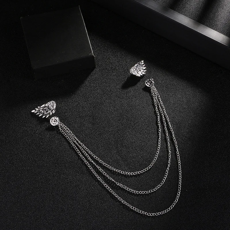 high quality men women suit shirt collar pins vintage breastpin luxury wing brooches with double tassels chain