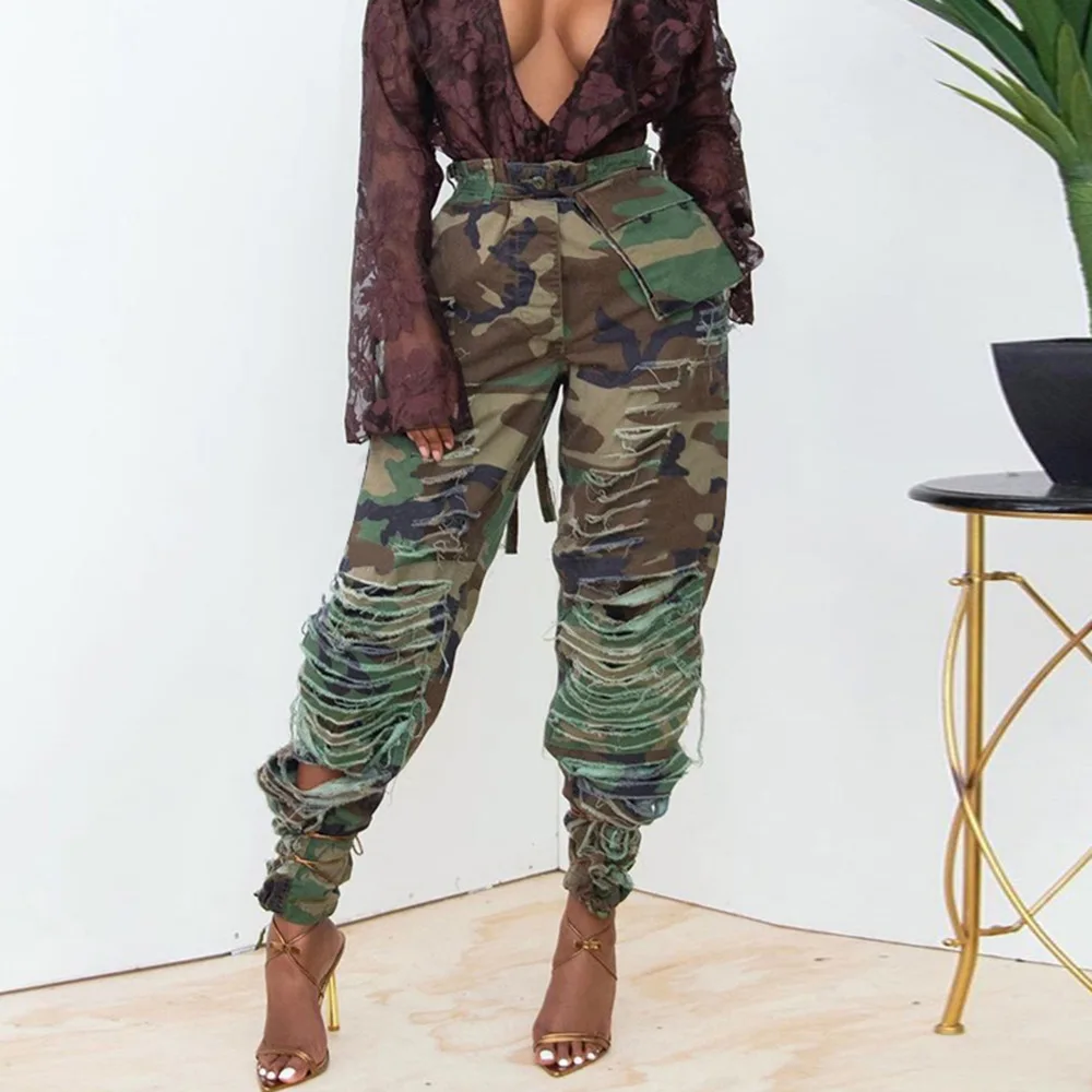 Fashion Womens Camouflage Printed Cargo Pants 2022 Ladies Casual Pocket Track Pants High Waist Ripped Cargo Pants For Women