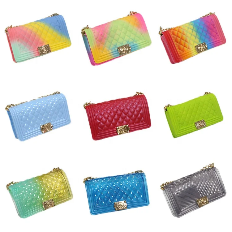 
2021 wholesale girls jelly purse shoulder hand bag Women rainbow candy jelly crossbody bag colorful PVC handbags matte jelly bag 