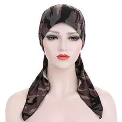2021 new spring and autumn style curved two-tail scarf hat Muslim Baotou hat Floral cloth pullover scarf
