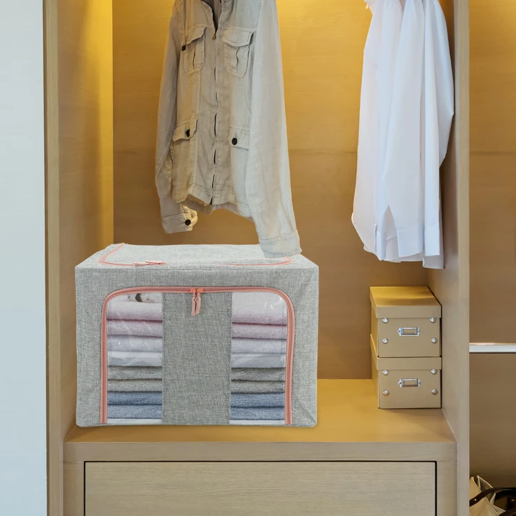 Foldable Storage Bins - Frame Storage Box Linen Fabric Stackable Clothes Container Organizer with Clear Window
