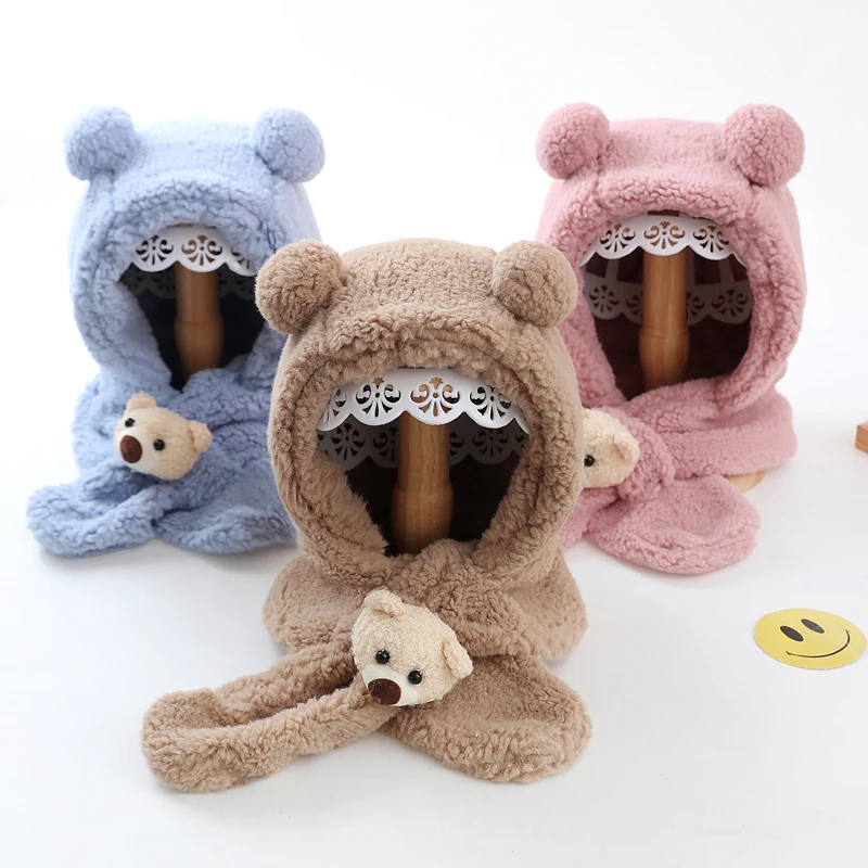 3pcs baby hat hat and scarf all-in-one bear winter warmth cute hats for men and women