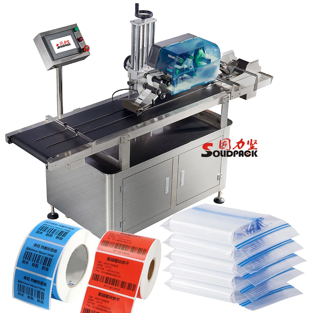 Solidpack automatic small bag/card feeding and top side labeling machine with online printing apply system with thermal printer