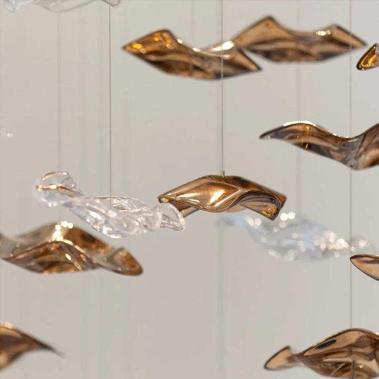 modern large gold Leaf glass led stair chandelier for dining room living room hotel hanging light luxury crystal pendant light