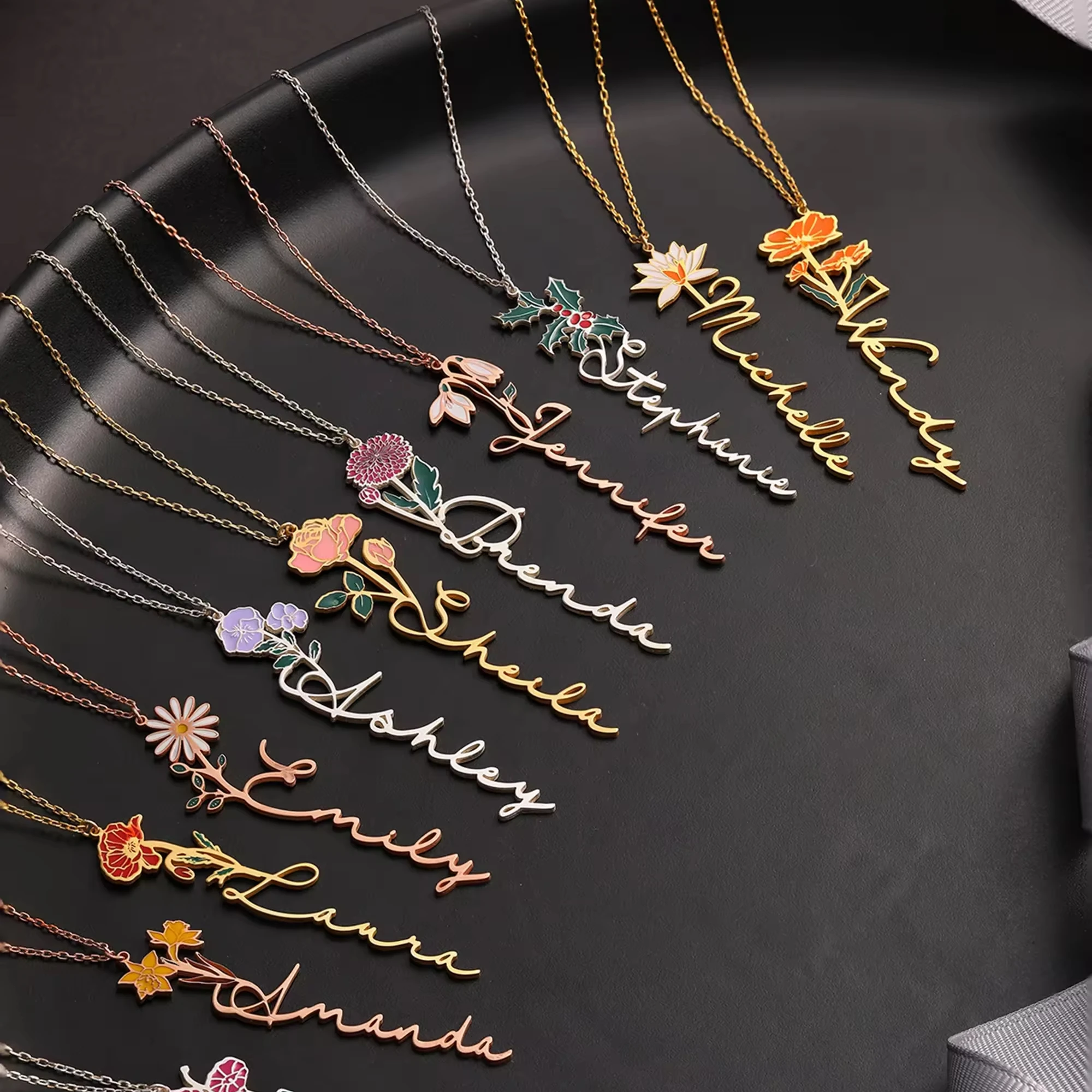 New Style Stylish Simplicity Stainless Steel Birth Flower Handmade Birth Month Custom Name Necklace for Women