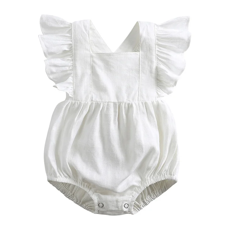 New Arrival Infant Dress Summer Square Neck Snap Button Ruffle-Strap Sleeveless Woven Solid Color Baby Girl Romper clothing