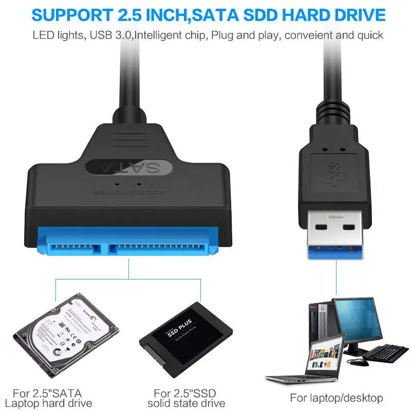 High Speed Black Data 2.5 Inch SSD HDD Hard Disk USB 3.0 Sata  To Hard Drive Adapter USB 3.0 Sata Cable