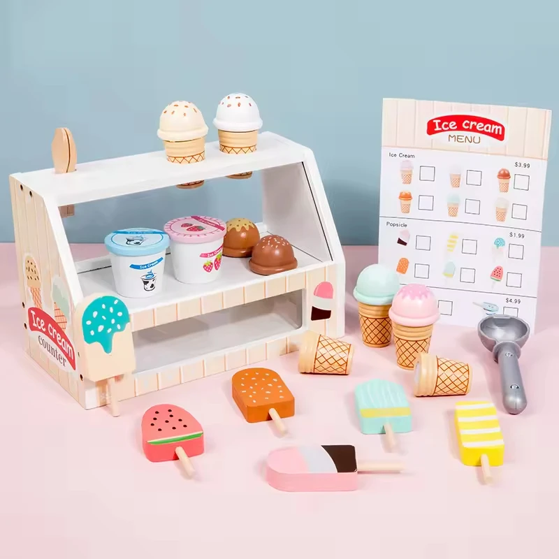Ice Cream Counter play set for Kids Montessori Pretend Play Food Toys Kitchen Wooden Popsicle Set with Scoop & Cash Ice Cream