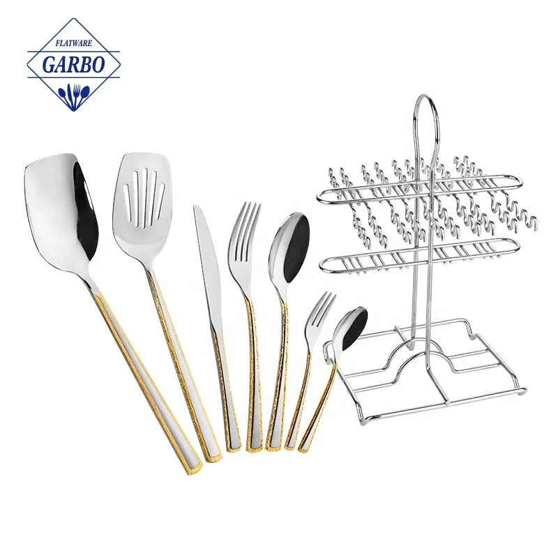 Middle East Egypt tableware 201 gold laser stainless steel spoon and fork 32pcs cutlery sets with hanging holder stand