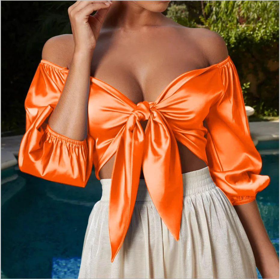 
2021 newest arrived neon color bow half sleeve top hot sale silk crop shirts 