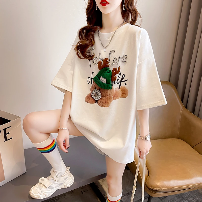 L526 2023 summer new 3D bear short sleeved t-shirt women 100% cotton cartoon top