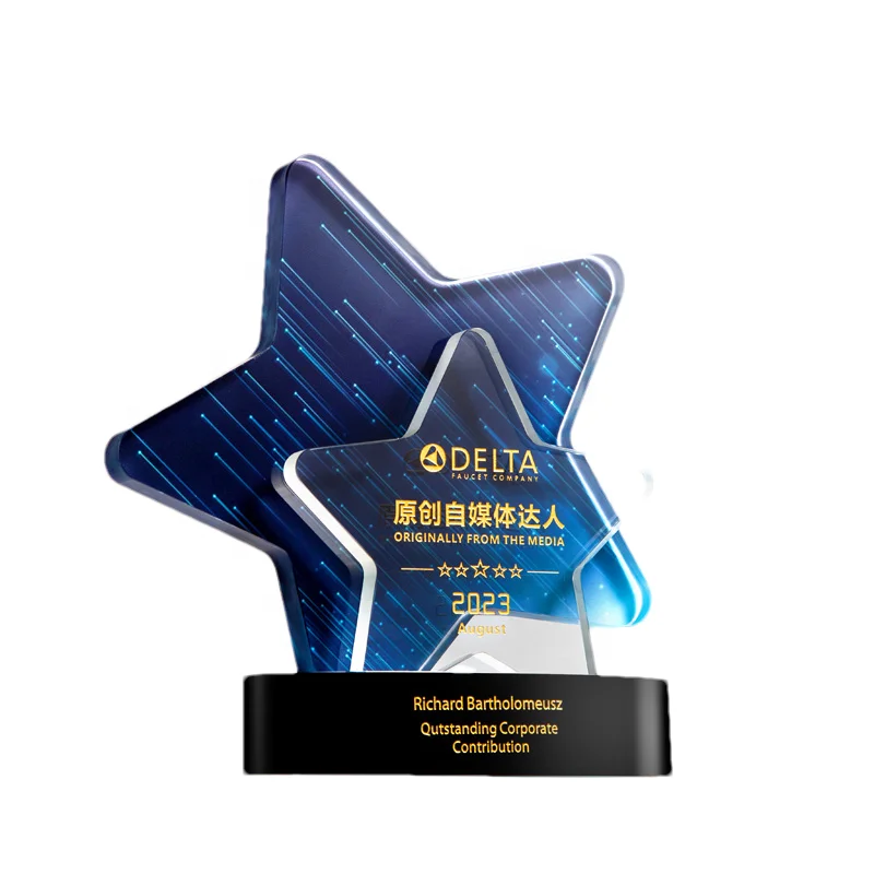 New Sports Custom patterns Championship Trophy Creative Custom Star Color Printed Crystal Glass awards Trophy with crystal base
