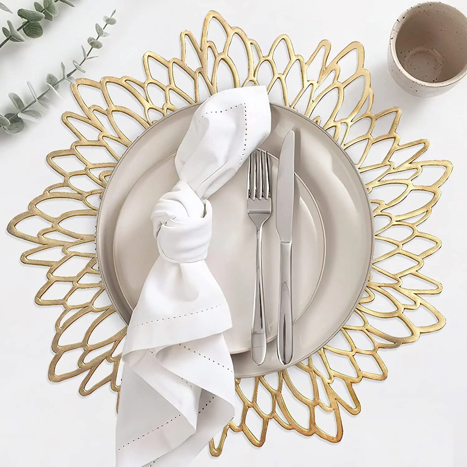 Tabletex wholesale custom cheap pvc dining table woven charger pressed metallic round gold sliver vinyl placemats for wedding