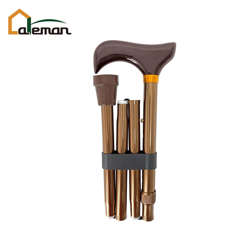 Deluxe Stylish Derby Aluminum Folding Cane Walking Stick Elderly Collapsible Retractable 5 Adjustable Heights Rubber Tip Bronze