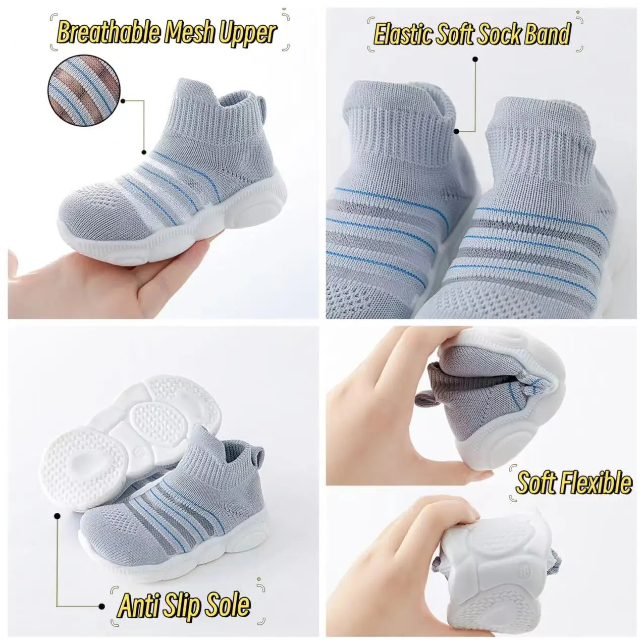Baby Shoes First Walkers Comfortable Boys Girls Kids Rubber Soft Sole Floor Shoes Knit Booties Anti-Slip