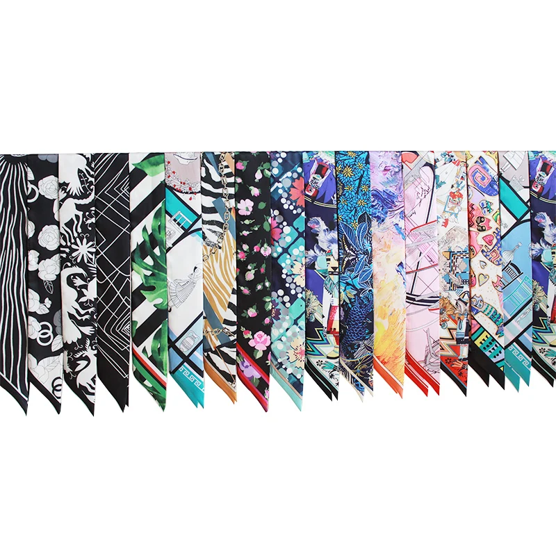 New Design 100*7cm Print Women small long Silk Scarf Fashion Head Scarf Brand Small Tie Bag Skinny Scarf