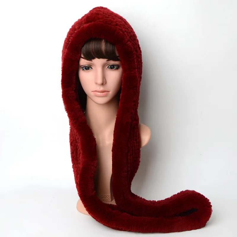 Real Rabbit Fur Tie Dye Hood Handmade Snood Scarf for Women Wholesale Warm Winter Colorful Fuzzy Fur Infinity Scarf Hat Set