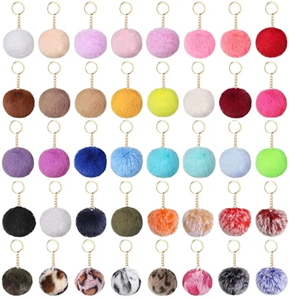 Hot Sale Faux Rabbit Fur Fluffy Pompom Keychain,Fur Balls Pompom Keychain with Synthetic Diamonds Letter Keyring