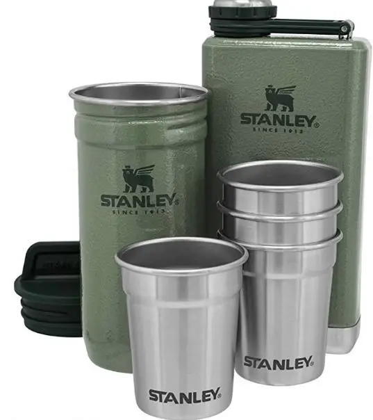 Stainless Steel Shot Glass And Flask Gift Set Outdoor Adventure Pack With 4 Metal Shot Glasses