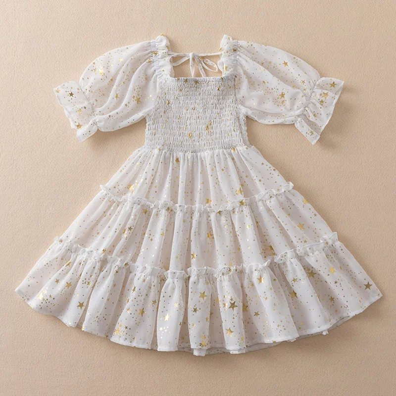 Kids Summer Casual Dress for Girl Children Party Evening Dresses Star Print Chiffon Clothing for Little Girls 2022 Smocked Dress