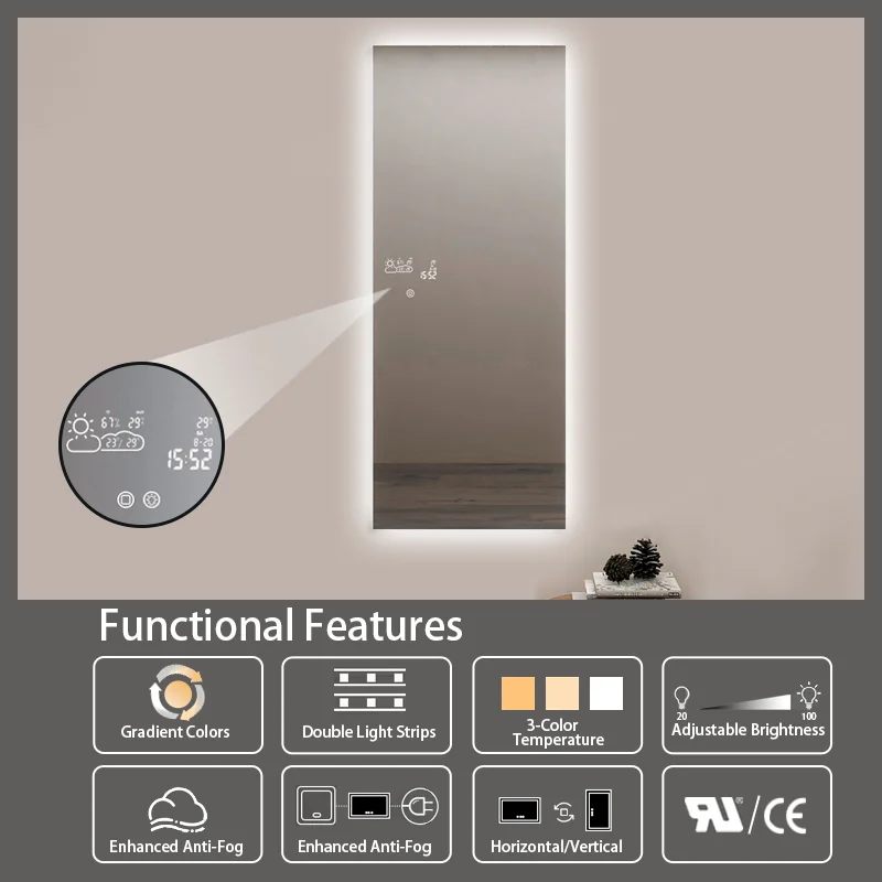 Led Full Length Dressing Mirror Weather Time Display Rectangle Body Sensor Smart LED Wall Mirrors