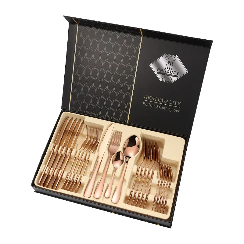 Hot Sale Spoon Fork Rose Gold Cutlery Flatware Set Stainless Steel 24pcs Cutlery Set with Gift Box