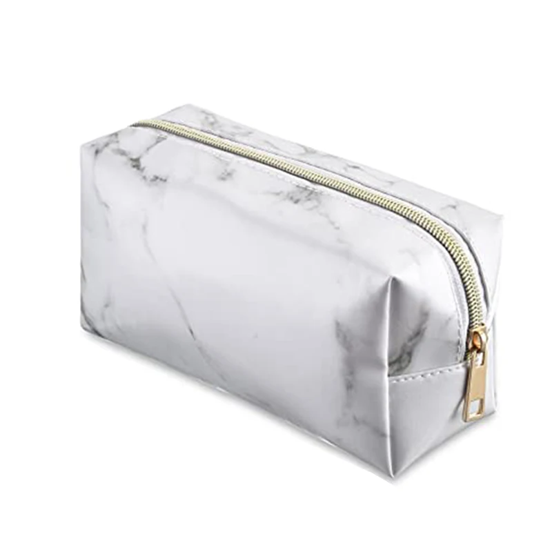 Custom Printing Full Marble Pattern Pu Leather Cosmetic Bag Rectangle Large Capacity Storage Brushes