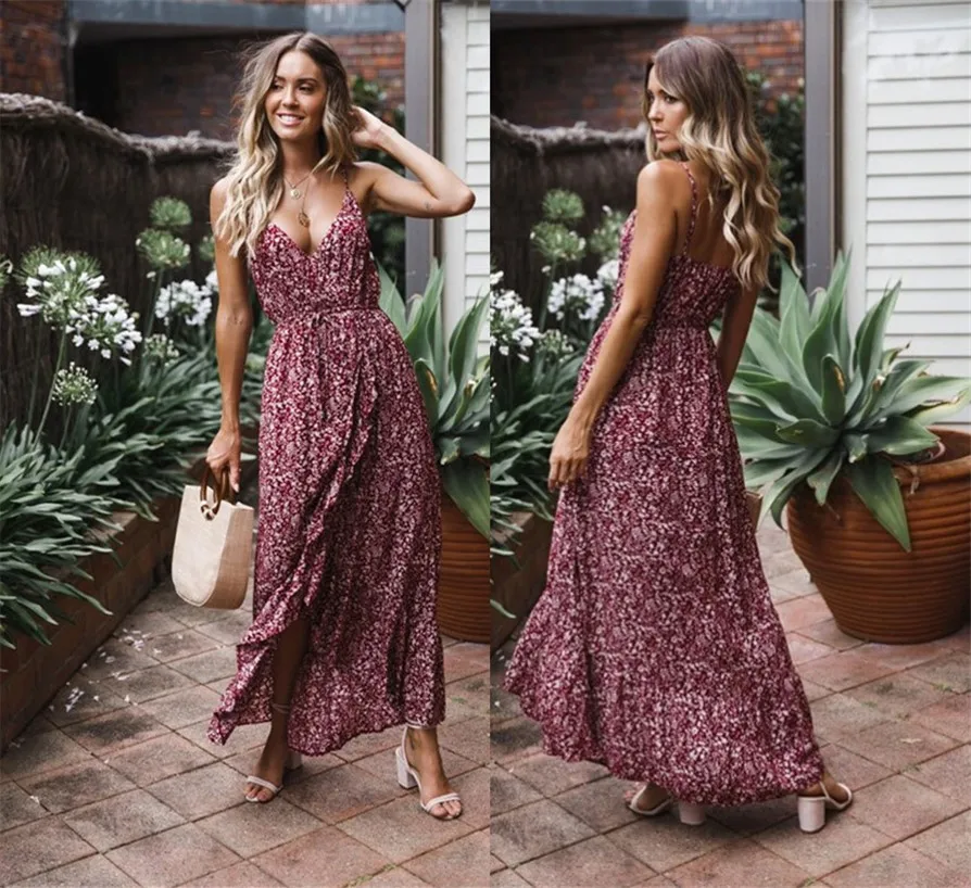 
Summer Holiday Sexy Lady Split Backless Beach Boho Style Dresses Floral Print Women Rayon Plus Size Maxi Long Boho Dress Summer 