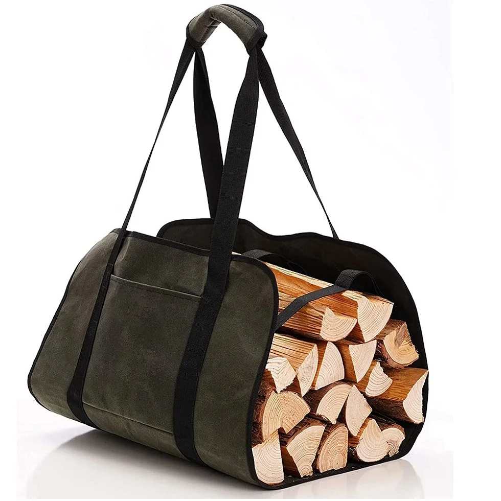 Large Log Capacity Waxed Canvas Firewood Tote Bag Heavy Duty Waterproof Firewood Carrier