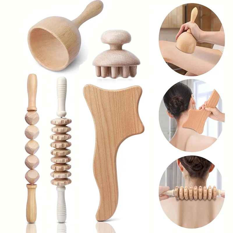 2024 New Products 6 in 1 Body Shaping Set Healthy Body Gua Sha Wooden Beads Massage Tools