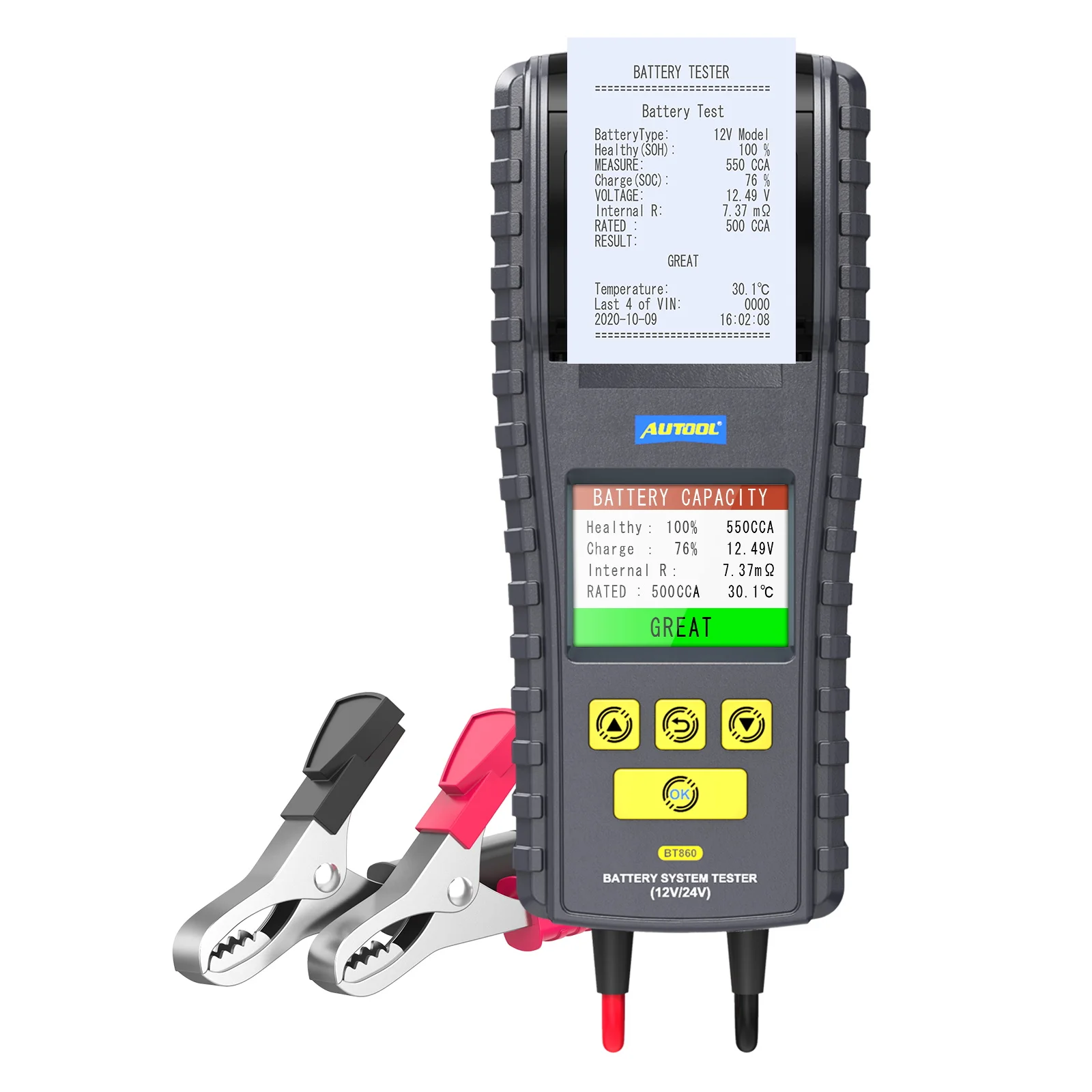 AUTOOL BT860 12- 24V Car Battery Tester with Printer & Real Time Temperature Monitoring 3.2inch Color Screen Battery Tester Tool
