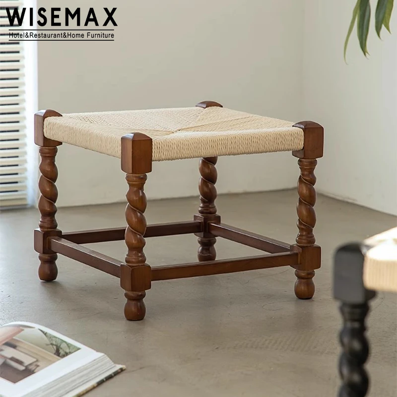 WISEMAX FURNITURE Modern Nordic style living room sofa side cube ottoman solid wood rope stools for home hotel