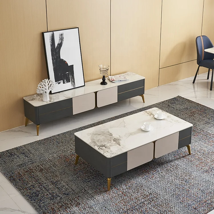 Jinsong Unique Modern Villa Decoration Furniture TV Cabinet Set White High Gloss Oak Coffee Table with Drawer