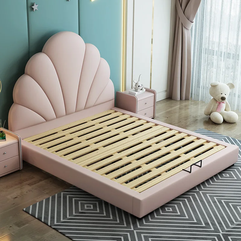 Best Selling Comfortable Girls Single Bed Pink Princess Sofa  Wooden Solid Bed Nordic Leather Princess Beds