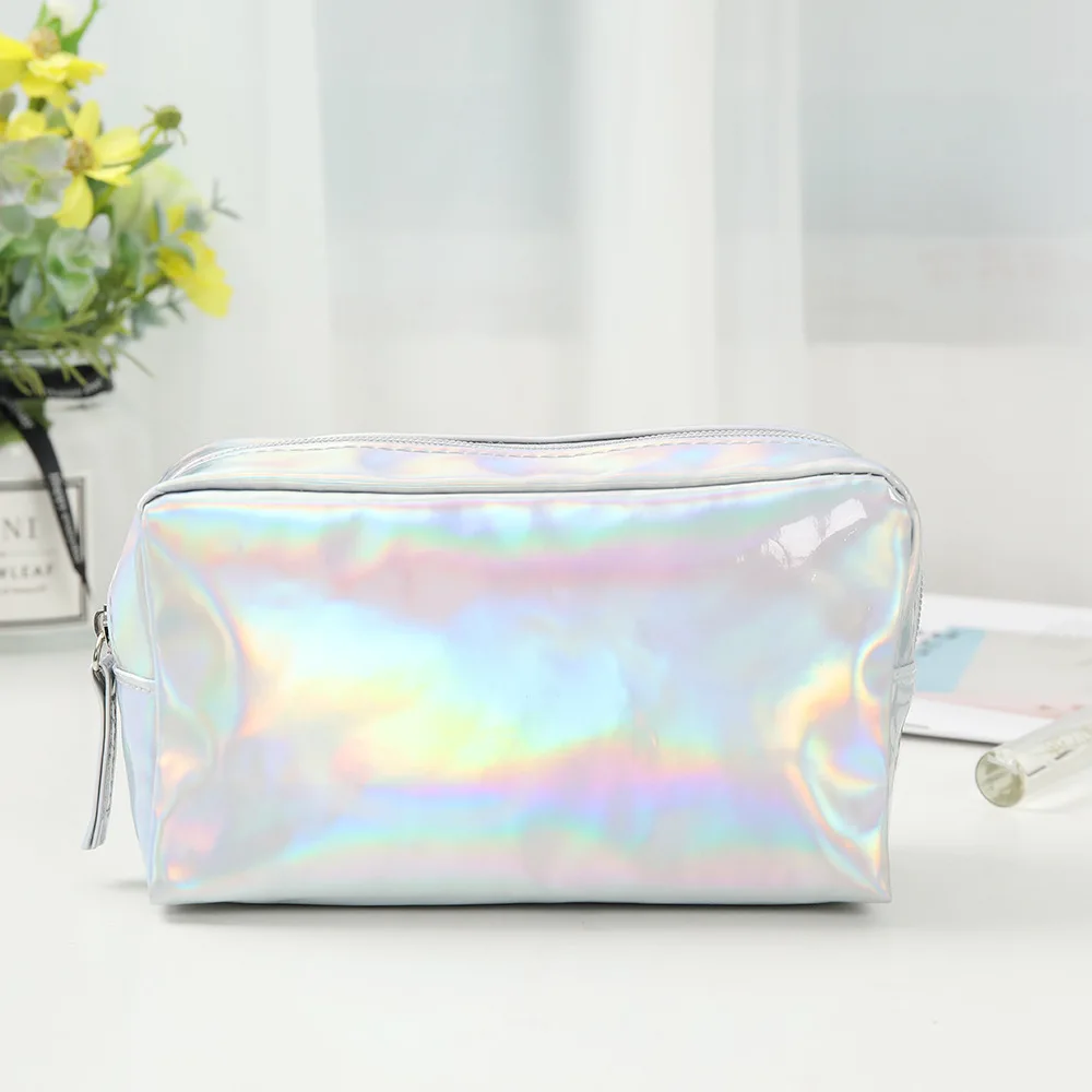 50 piece Customized Logo PU cosmetics bag waterproof holographic makeup bag silver case rose gold cosmetic pouch