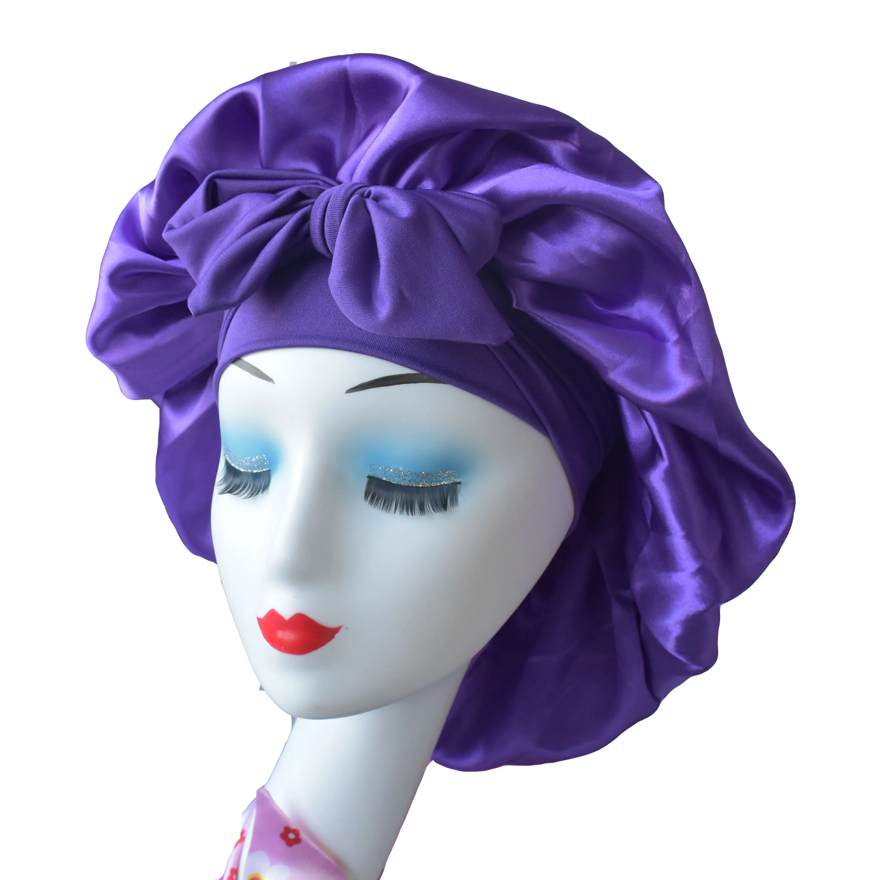 
Wholesale large bonnet custom logo silky satin hair head bonnets chapeau with tie 