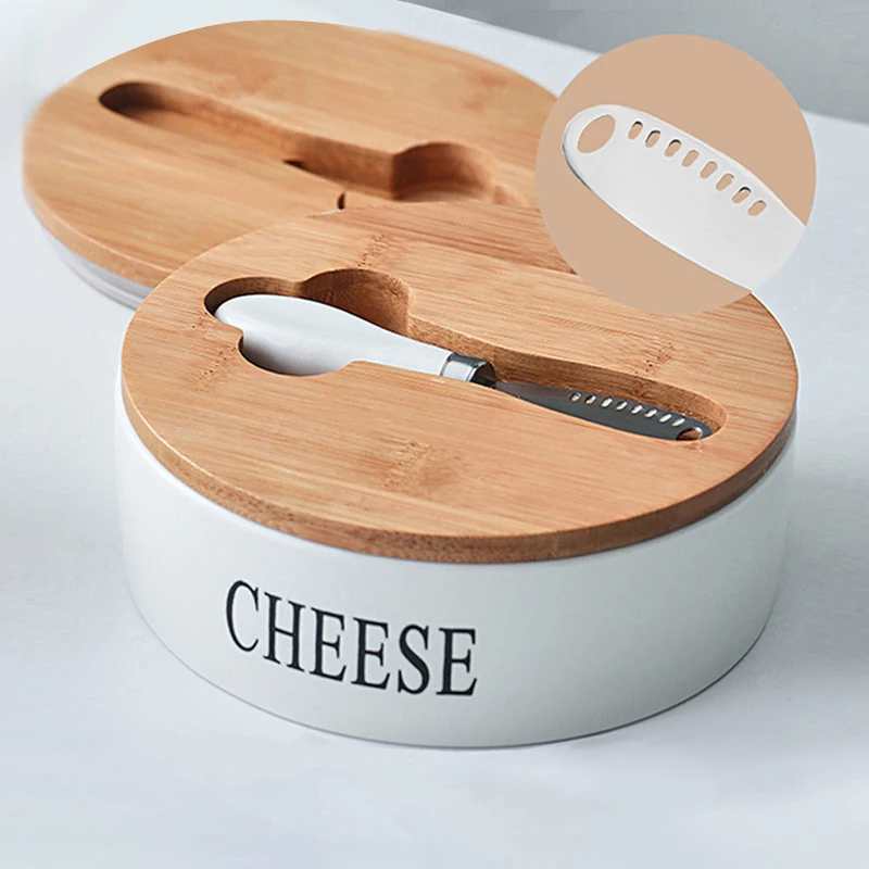 Durable Kitchen Food Storage Container Large Capacity 700ml Ceramic Butter Dish With Knife And Wooden Seal Lid