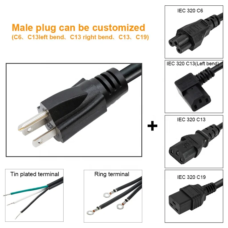 14AWG Extension Cable with 3 Prong Grounded Plug 3 Outlet 5-15R American standard Power cord