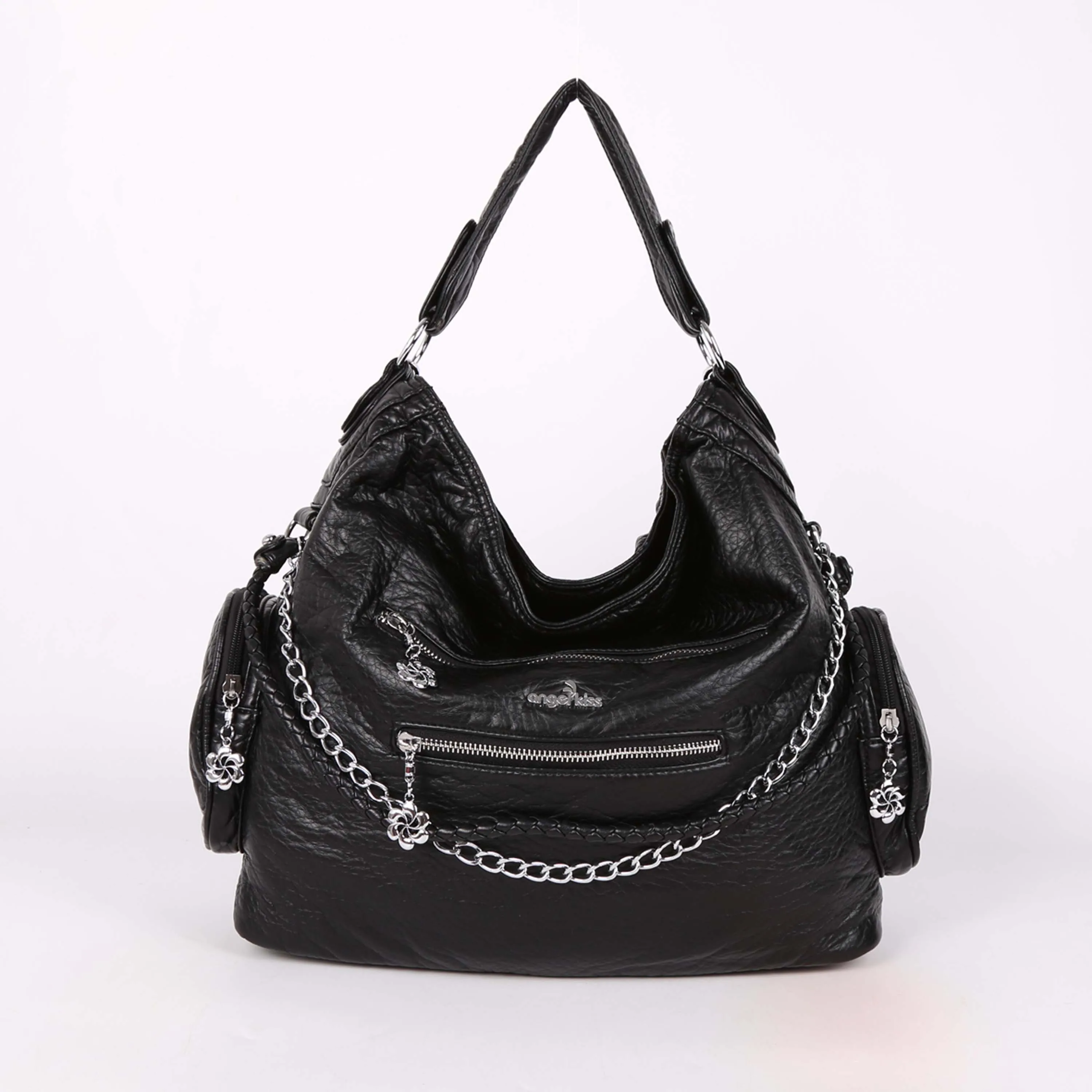 Женская сумка из ПУ кожи Angel Kiss черная на плечо с эффектом потертости