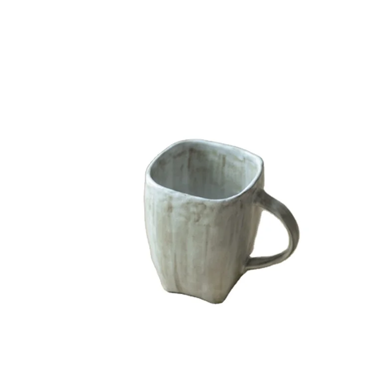 Handmade rough Pottery Mug creative square 300ml milk cup custom ceramic coffee cup  with handle