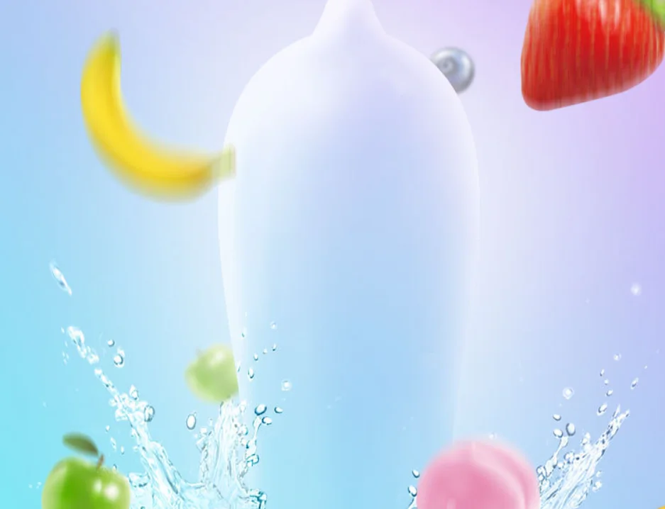 Peach, green apple, blueberry, strawberry, banana, orange, fruit flavored condom