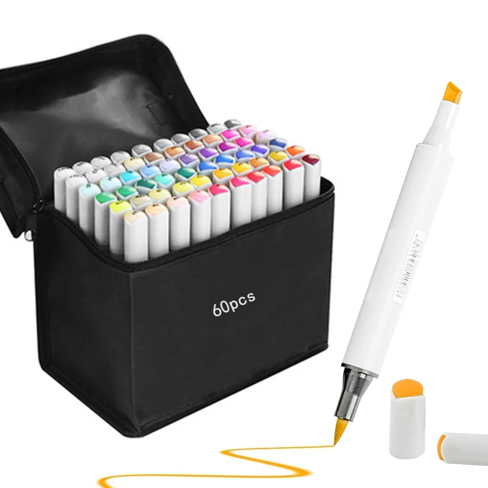 Alcohol Art Marker Set Of 60 Color Dual Tip Permanent Sketch Permanent Ideal For Artists Adults Kids Drawing Coloring