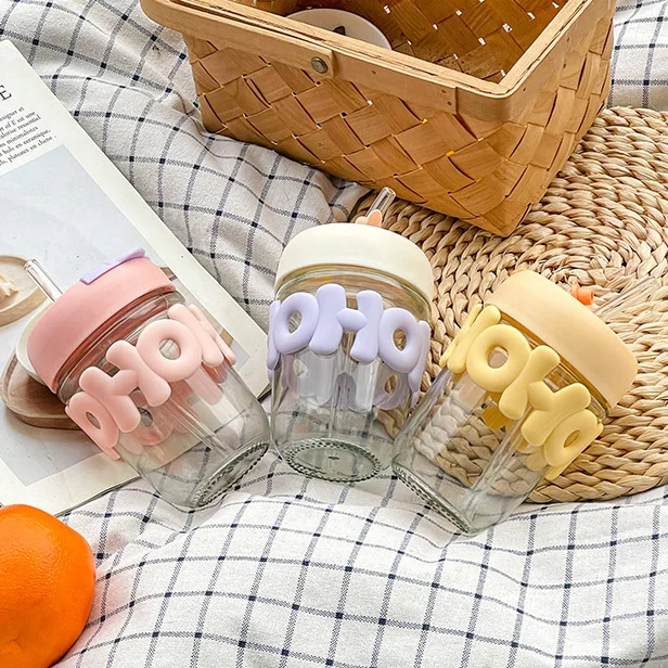 Ins Hot Cartoon Cute 350ml Thick Glass Water Bottles Silicone Protective Sleeve Milk Juice Tea Cola Drinking Mugs With Straw