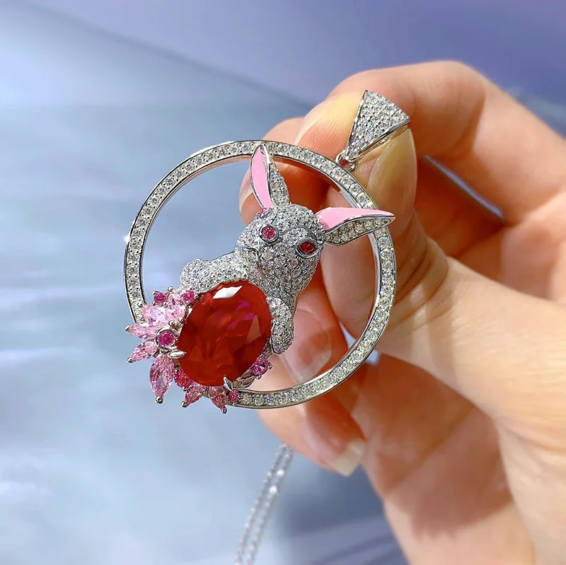 Seasonal New Original Rabbit Pendant, 10*14mm Simulated Pigeon Blood Ruby High Carbon Drill Full Diamond Necklace Female