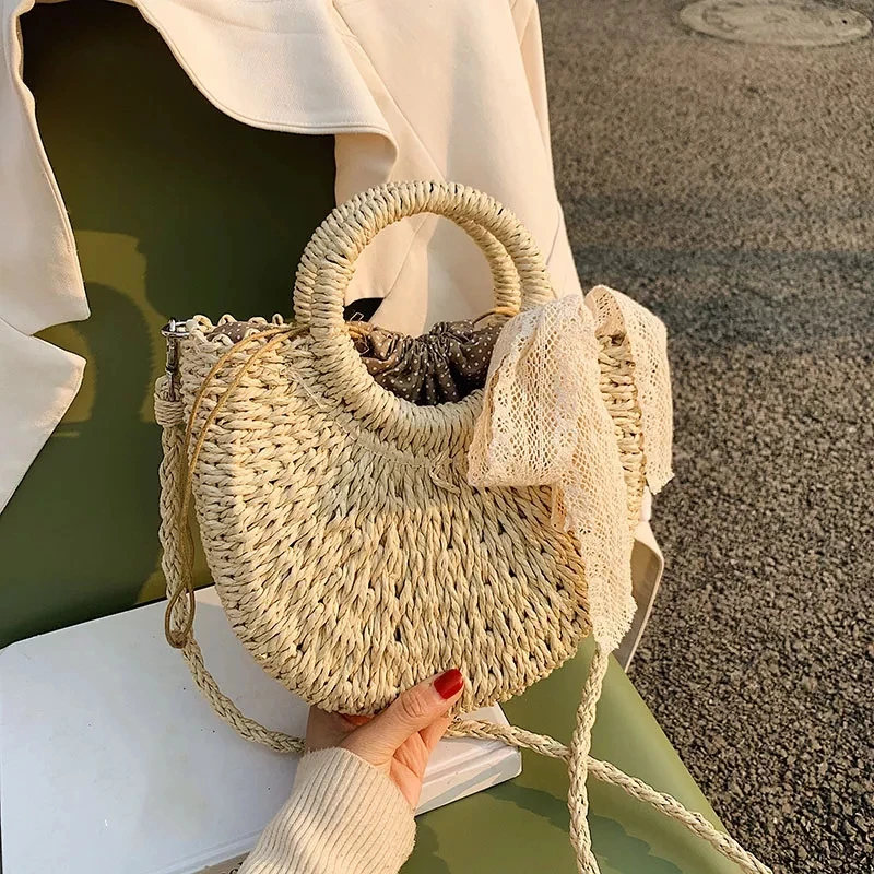 high quality tote lace ribbon Shoulder Bag Wholesale Straw Women Summer Beach Handbag Bag