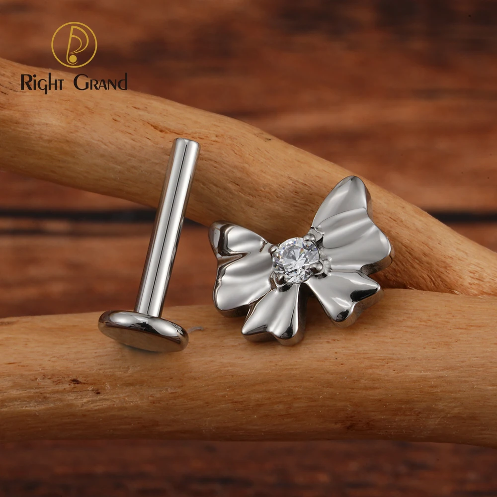 Right Grand ASTM F136 Titanium 16G Bow Tie Labret Lip Stud Earring with CZ Helix Cartilage Conch Tragus Flat Back Piercing