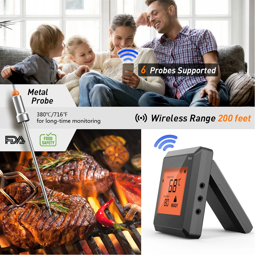 Digital Bluetooth Wifi Termometro De Cocina Grill Food Meat Thermometer With Multiple Stainless Steel Probe Pro-03