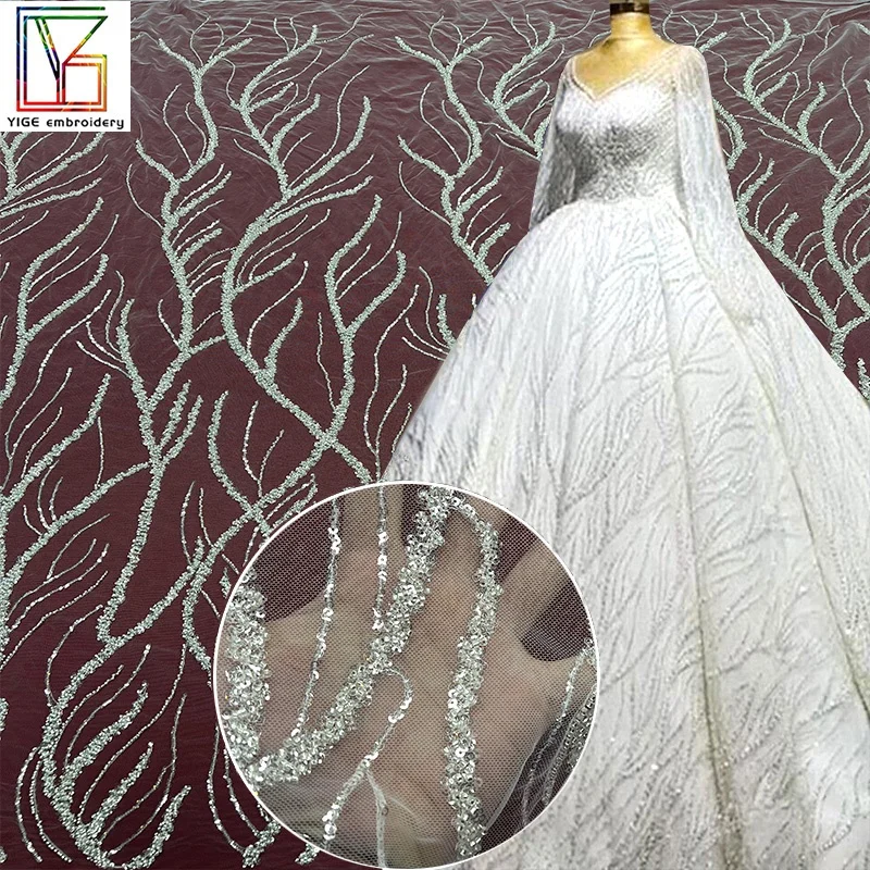 Custom Design Heavy Work Sequins Bridal Wedding Evening Dress Tulle Mesh Luxury Pearl Beaded Lace Fabric