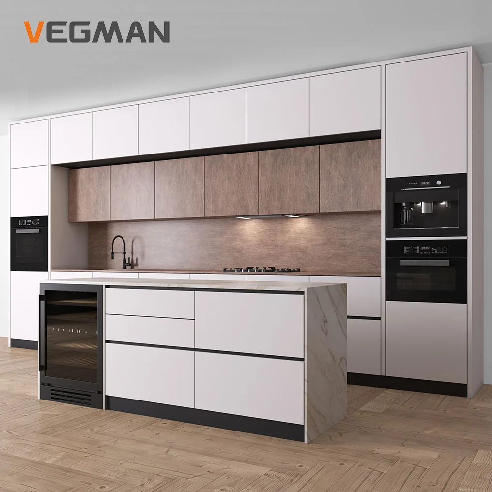 Contemporary Wood Veneer Lacquer Cabinet Model White and Wood Kitchen Furniture Cupboard